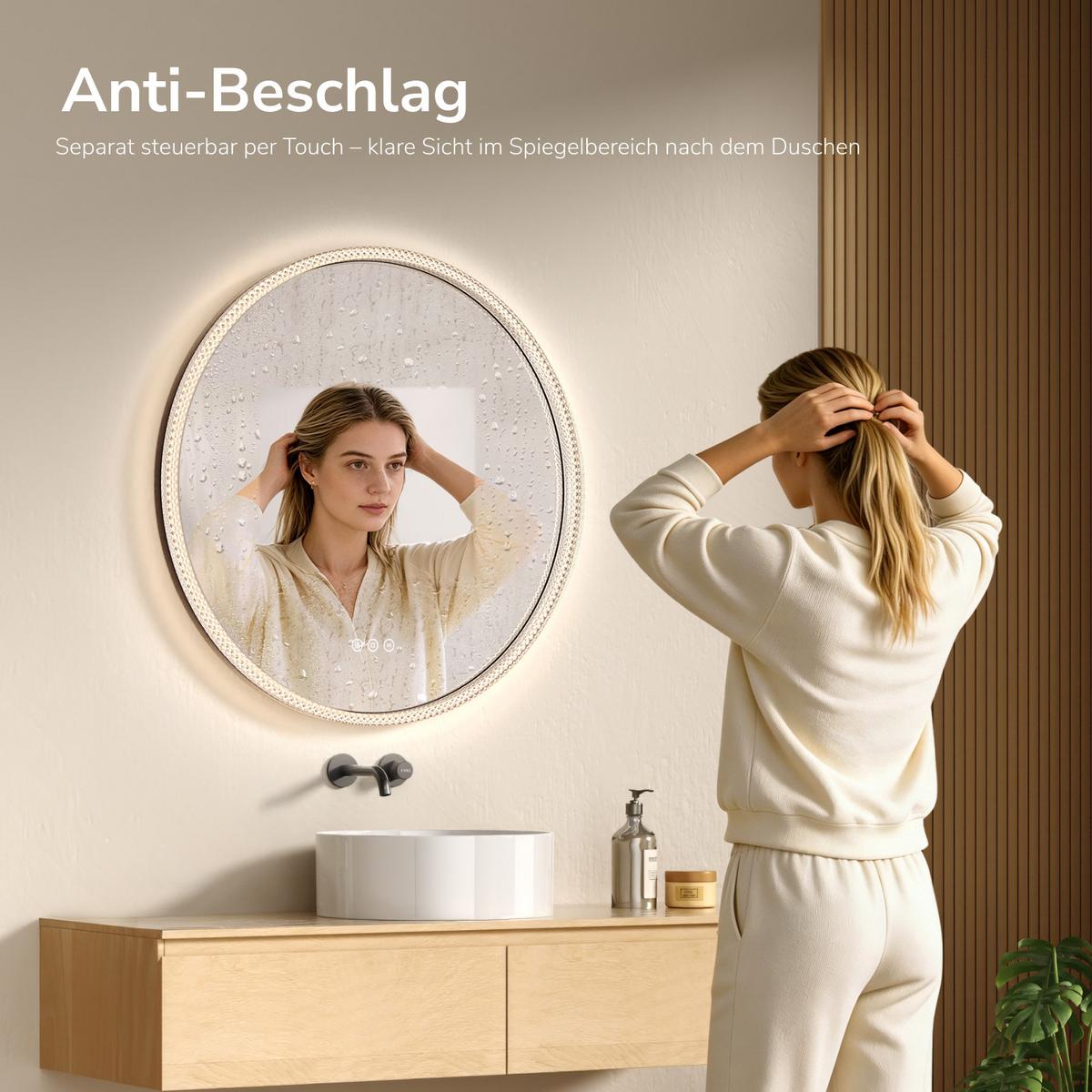 BADSPIEGEL Rund mit LED-Beleuchtung Ø 60 cm, schwarzer Rahmen, 3 Lichtfarben, beschlagfrei - Schwarz, Glas (60/60/4.3cm) - EMKE