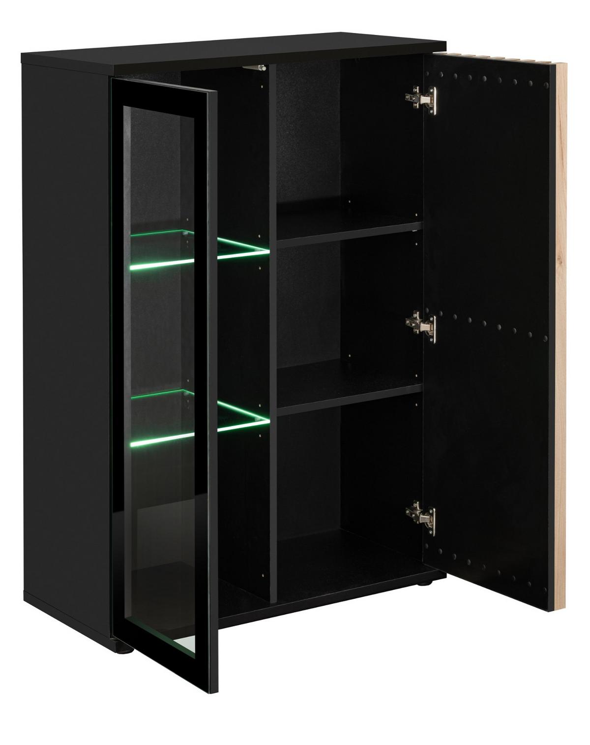 WOHNWAND schwarz, Eiche Jackson 353 cm, Schrankwand mit Push-top-Open und Beleuchtung - Eichefarben/Schwarz, Glas/Holzwerkstoff (340/192/45cm) - Furn.Design