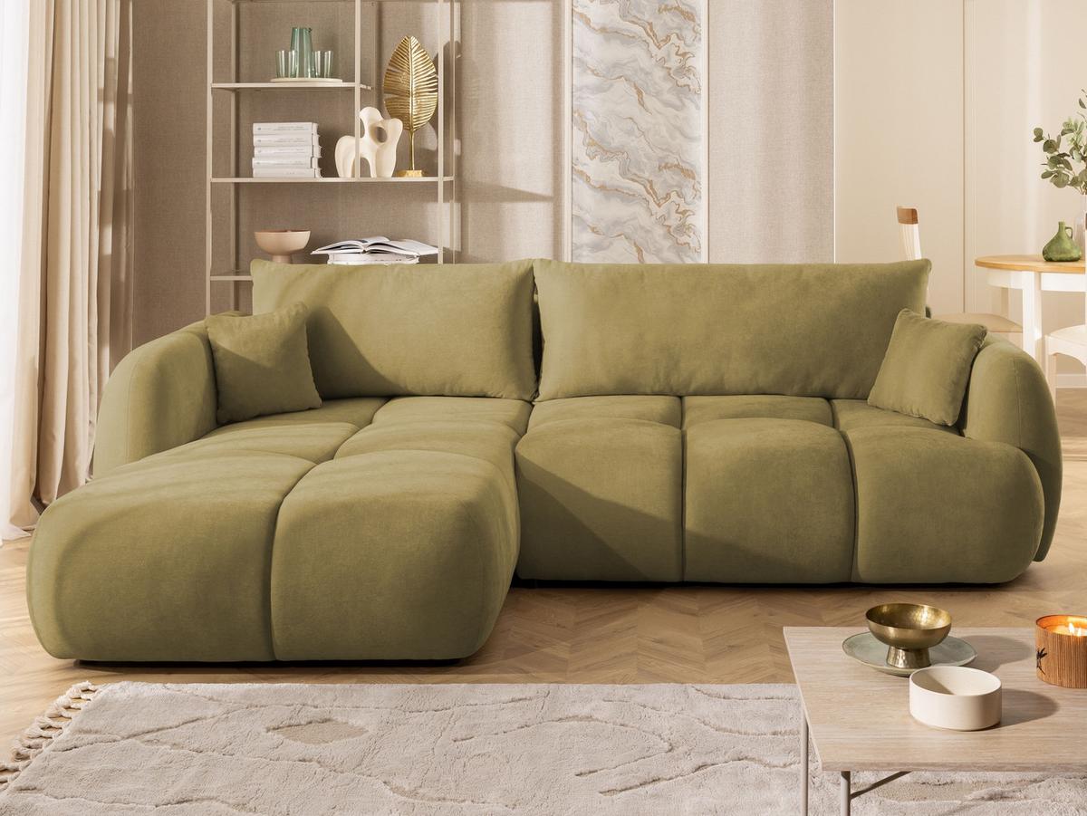 ECKSOFA Loretto aus natürlichem Grün Webstoff mit Schlaffunktion, Bettkasten und tiefen Steppungen in Bubble-Optik - Schwarz/Grün, Holz/Kunststoff (180/275cm) - S-Style