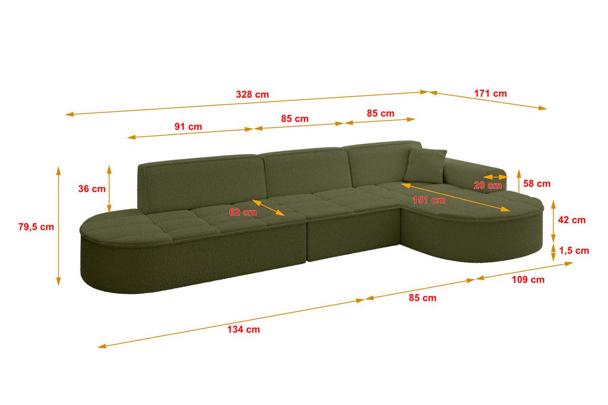 ECKSOFA Ottomane Rechts TARO-L2 - 328x171x79,5 cm Grün - Grün, Holzwerkstoff/Textil (328/171cm) - ALTDECOR