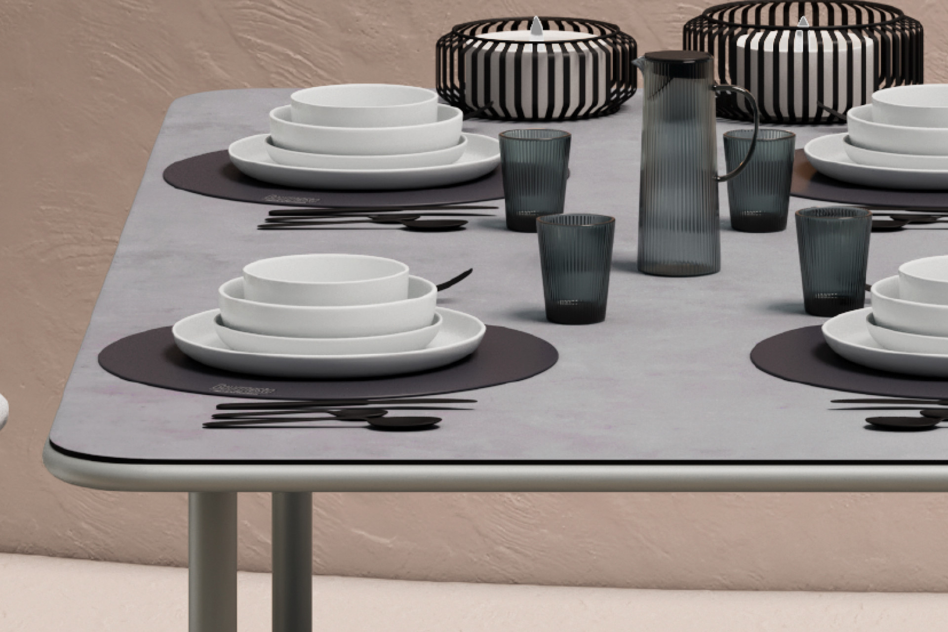 Tischgruppe Tisch Hellgrau Glas ESG gehärtet Tischplatte Eisen pulverbeschichtet Beinform Rundrohr 