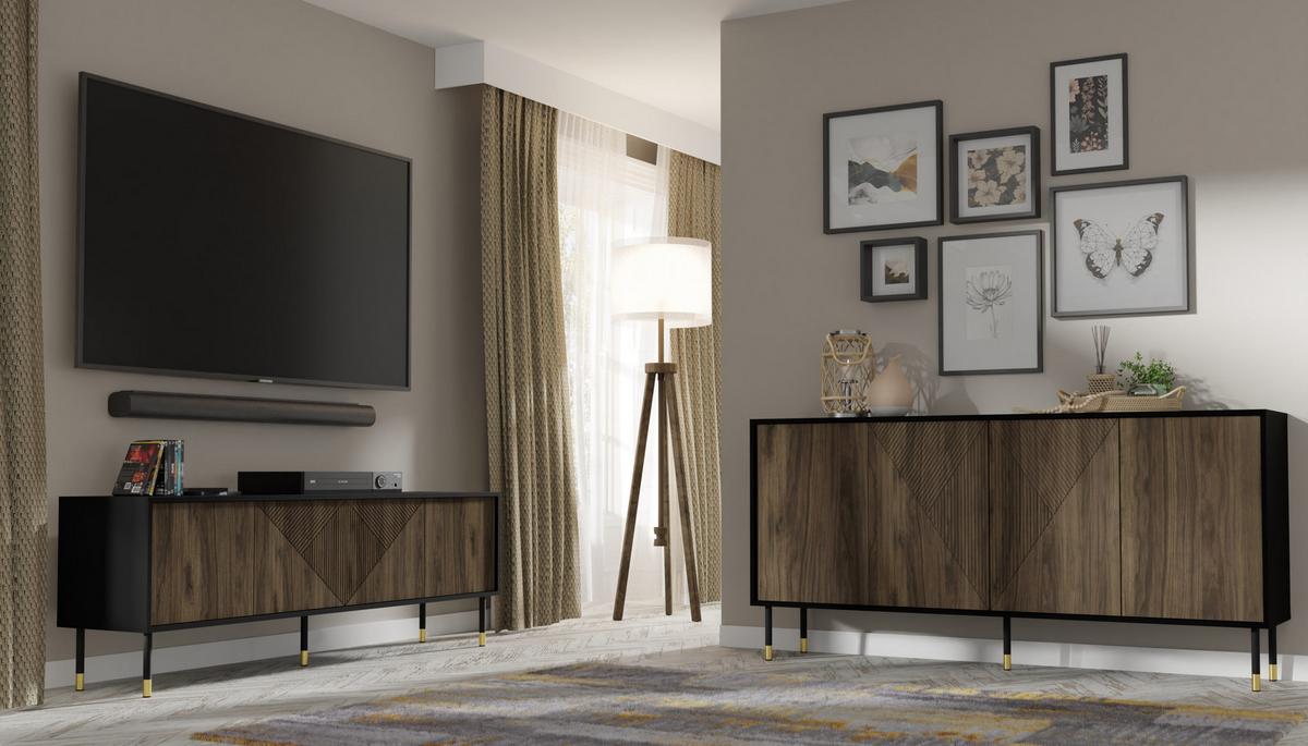 KOMMODE Schwarz, Walnuss, Gold 180/88/40 - Schwarz, Holzwerkstoff (180/88/40cm) - RAUMHIRSCH FURNITURE