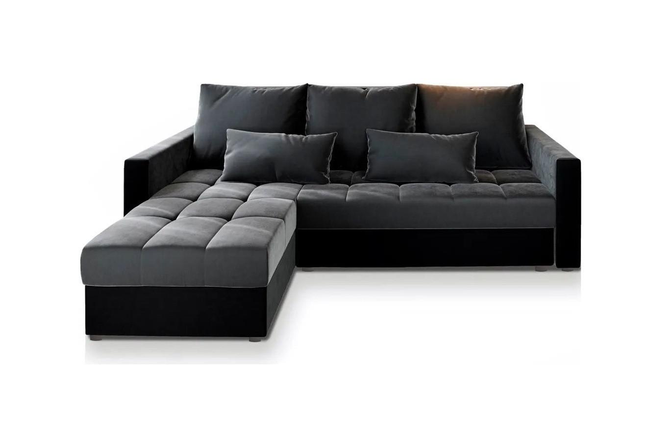 ECKSOFA KOS PIK Grau Plüsch-Stoff mit Schlaffunktion - Schwarz/Grau, Holz/Kunststoff (220/140cm) - MASSENO
