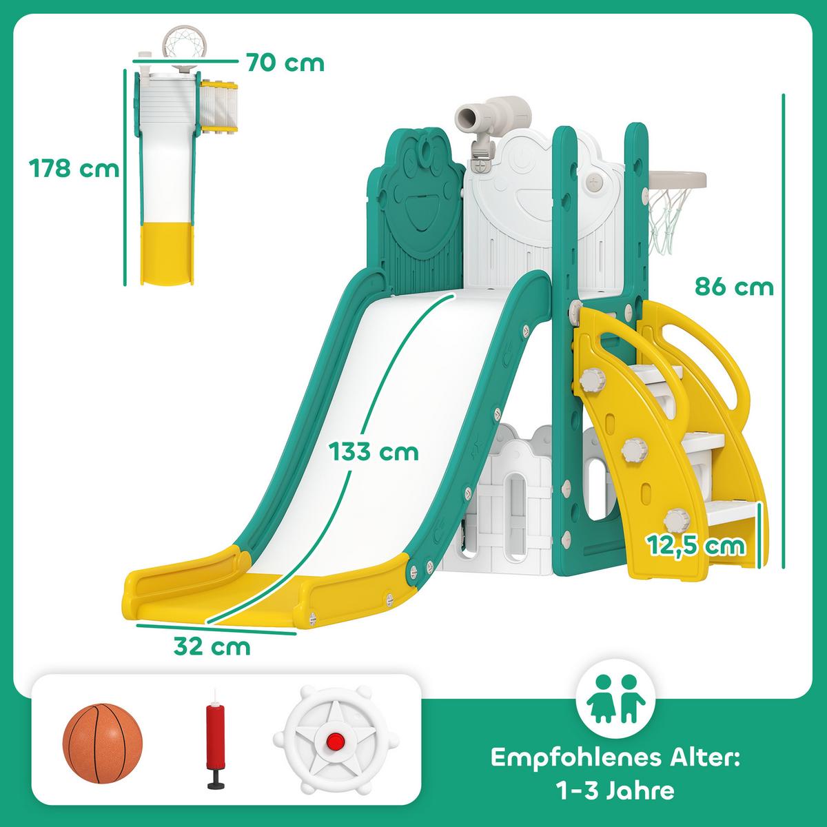 KINDERRUTSCHE 5 in 1 Indoor und Outdoor Babyrutsche mit Basketballkorb, Gelb - Gelb, Kunststoff (70/86/178cm) - AIYAPLAY
