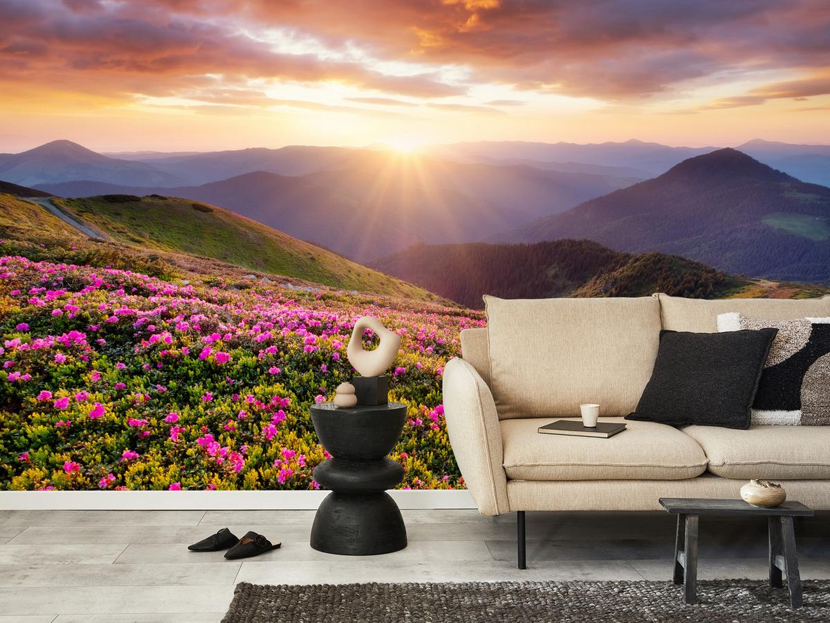 FOTOTAPETE für Wohnzimmer Sonnenuntergang Berge Wiese Blumen 400x280 - Violett/Rosa, Papier (400/280cm) - Muralo