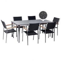 GARTENMÖBEL SET 6-Sitzer Keramik-Glas Granit Optik Rattan schwarz Cosoleto/Grosseto - Silberfarben/Schwarz, Glas - Beliani