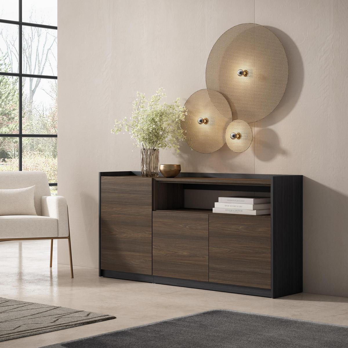 SIDEBOARD, Highboard, Dunkler Eiche und Schwarz, 156/37/80cm - Hellbraun, Holzwerkstoff (156/80/37cm) - Skraut Home