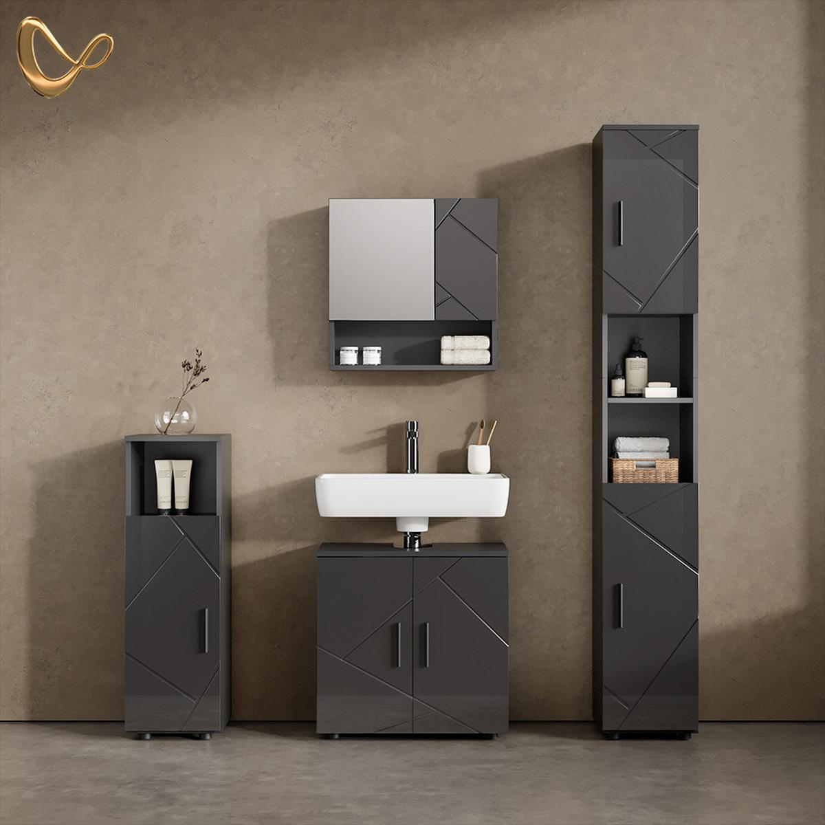 BADMÖBEL-SET Ronco Anthrazit Hochglanz 4 Teile, mit Hochschrank - Schwarz Hochglanz, Holzwerkstoff (60/192/30cm) - Livinity®