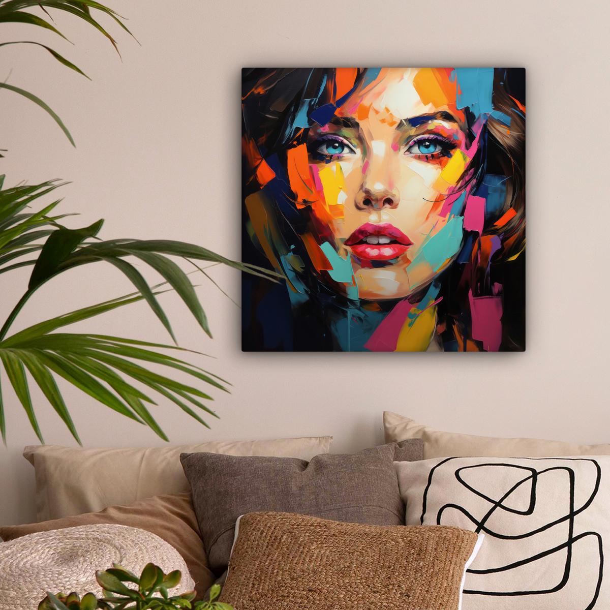 LEINWANDBILD Frau - Porträt - Farbenfroh - Kunst Wandbild Wohnzimmer 50x50 cm - Multicolor, Textil (50/50cm) - MuchoWow