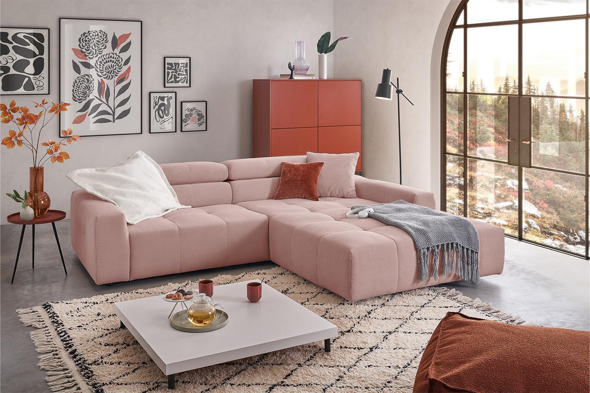 ECKSOFA MIT MOTORISCHEM SITZVORZUG RENO Pink Cord Relaxfunktion - Schwarz/Rosa, Kunststoff/Textil (258/217cm) - KAWOLA