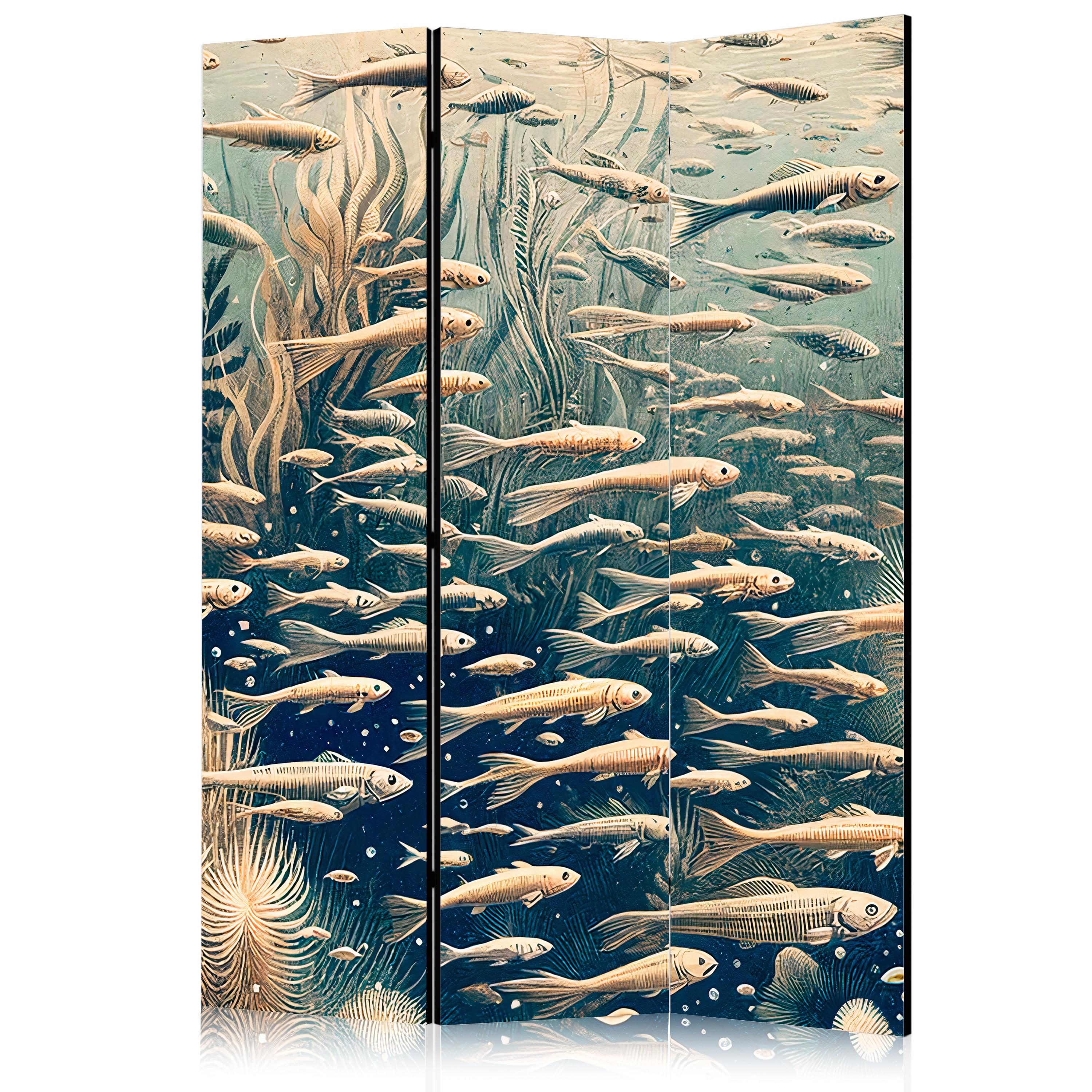 PARAVENT Akustik 3-tlg 135x172 cm Fische Im Ozean Boho - Beige, Holz/Textil (135/172/3cm) - Muralo