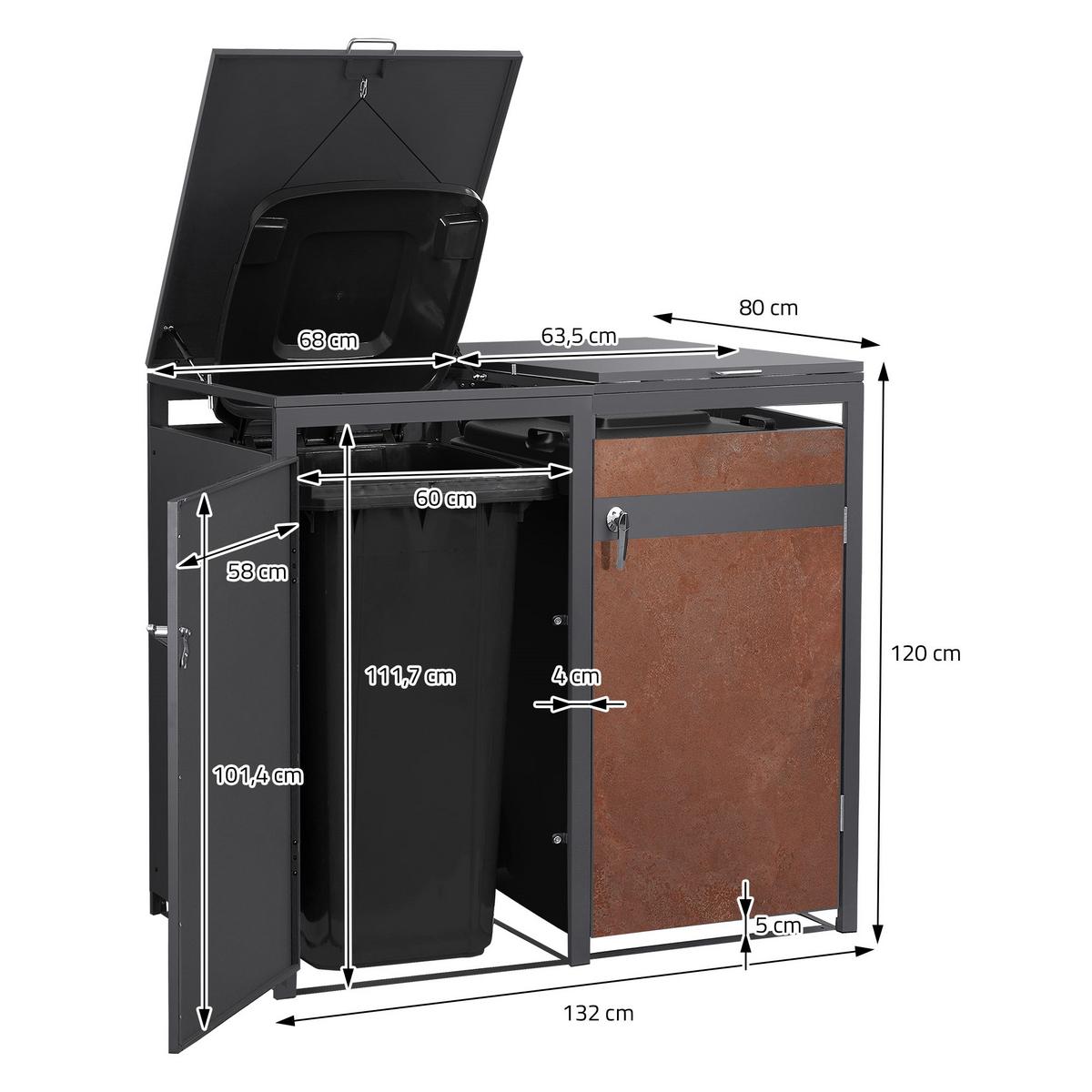 MÜLLTONNENBOX 2er Anthrazit-Rostoptik - Rotbraun, Metall (132/120/80cm) - ML-DESIGN
