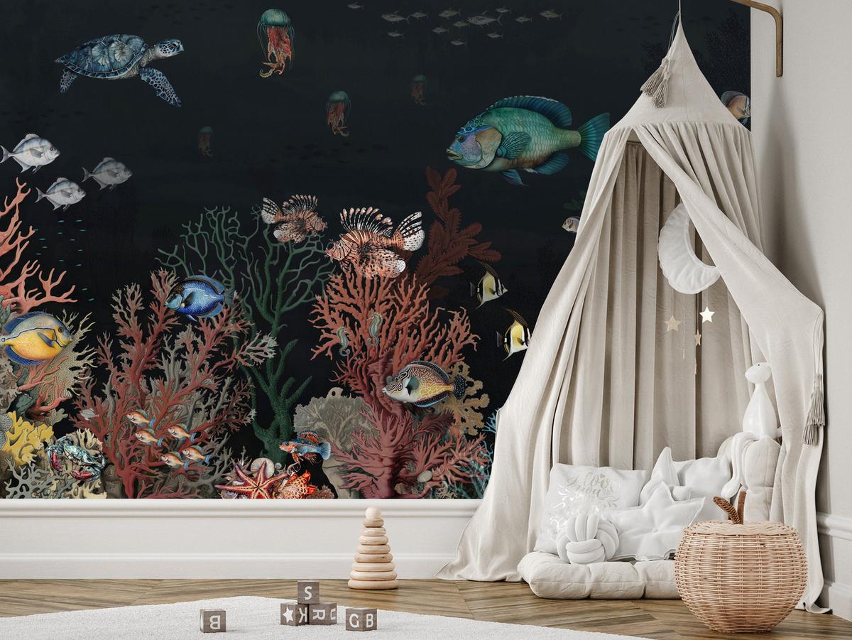 FOTOTAPETE für Badezimmer Bunter Unterwasser Pflanzen Riff Fische 500x350 - Rot/Schwarz, Papier (500/350cm) - Muralo