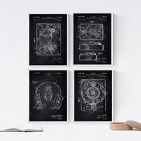 POSTER Set mit 4 Schwarz Drehscheibe Patenten A4 Schwarzer Rahmen - Schwarz, Papier (29.7/3cm) - Nacnic