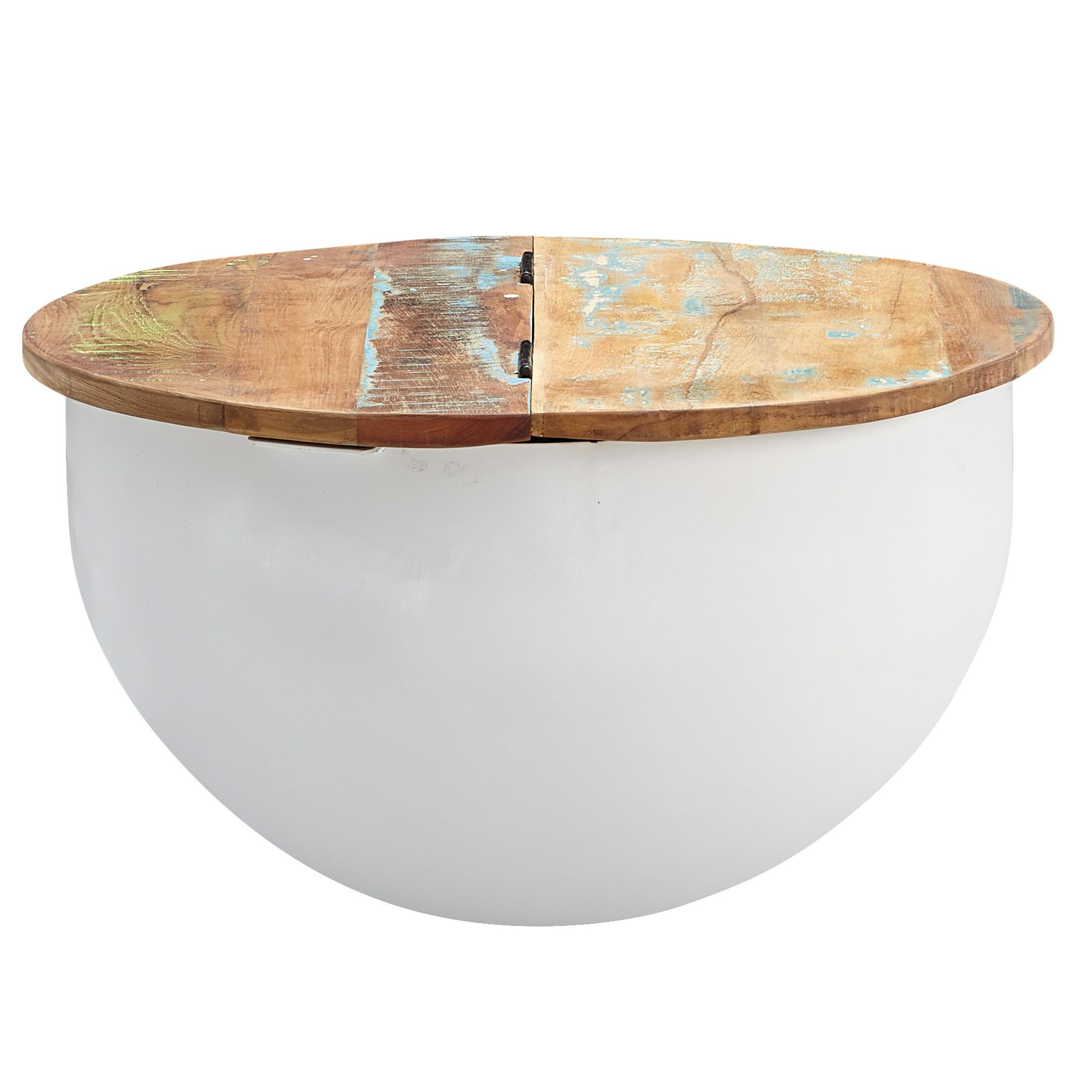 COUCHTISCH Industrie Stil mit klappbarer Tischplatte, Aufbewahrung, Massivholz, Metallkörper, Weiß 60x60x34 cm - Weiß, Holz/Metall (60/60/34cm) - KADIMA DESIGN
