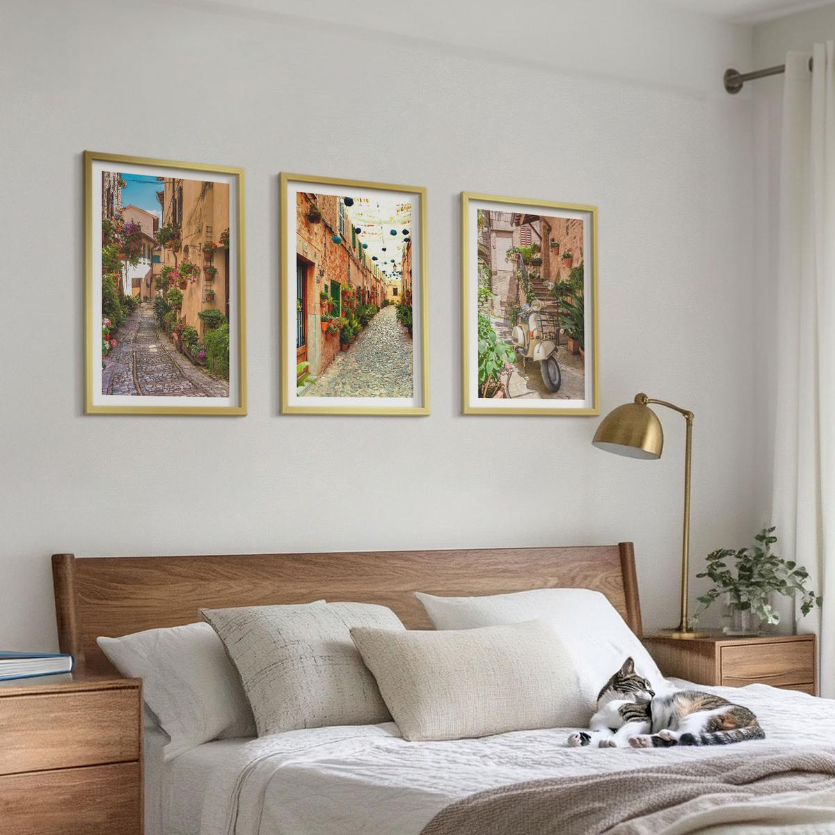 BILDER SET 3er Set - 40x60 cm Goldrahmen - Straßen, Blumen, italienisches Flair - Goldfarben, Kunststoff (40/60cm) - TULUP