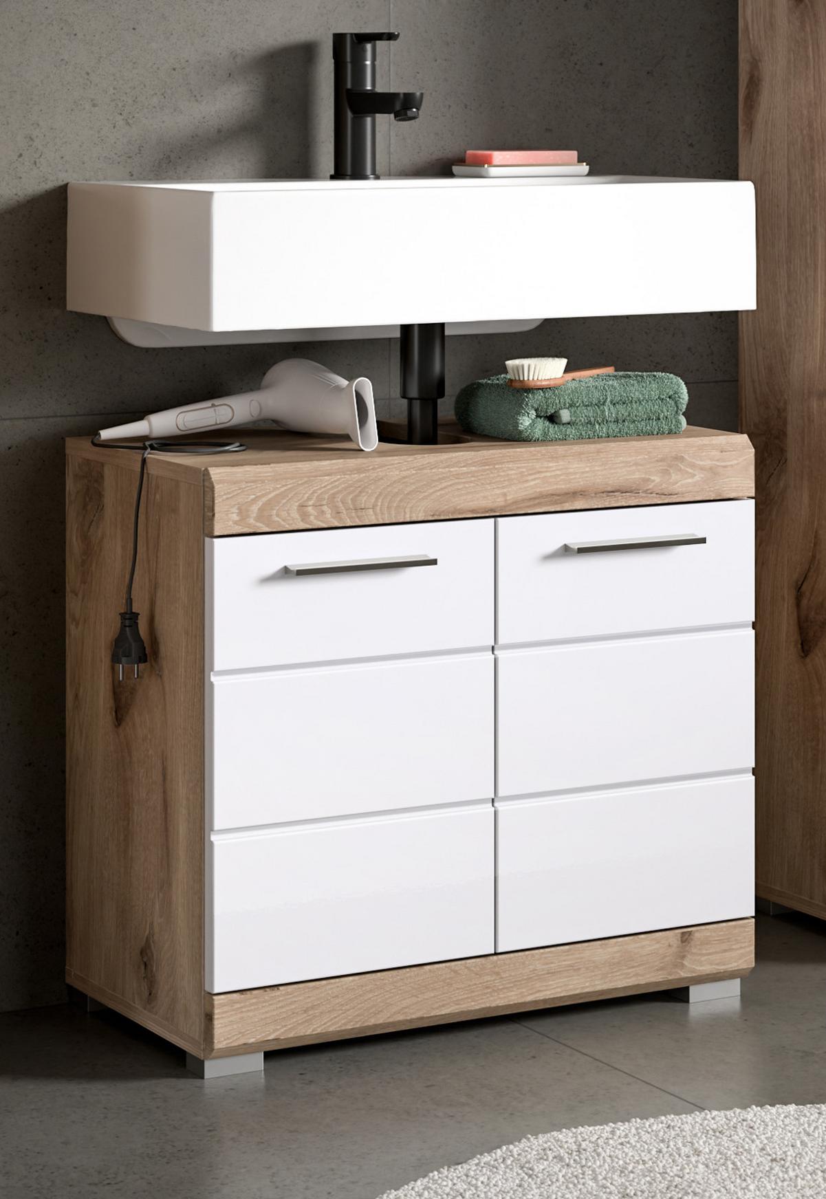 WASCHBECKENUNTERSCHRANK weiß Hochglanz, Eiche 60 cm, 2-türig - Chromfarben/Weiß Hochglanz, Holzwerkstoff/Kunststoff (60/56/31cm) - Inn.Furn