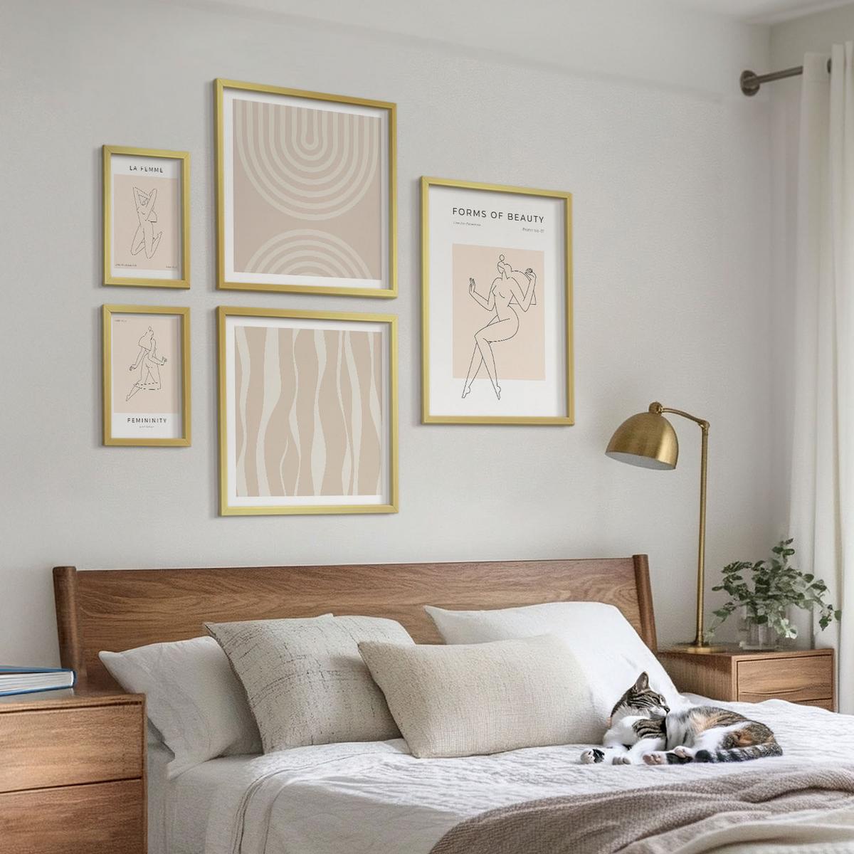 BILDER SET 5er Set - 50x50 cm & 20x30 cm & 40x60 cm Goldrahmen - Eine Sammlung minimalistischer Formen - Goldfarben, Kunststoff (40/60cm) - TULUP