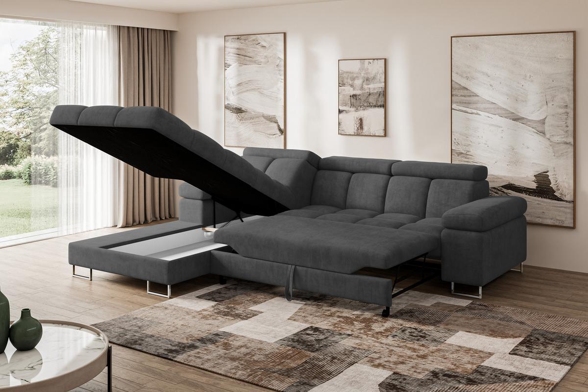 ECKSOFA mit Schlaffunktion Ottomane Links 271x203x79 Dunkelgrau Velours - Dunkelgrau, Holzwerkstoff/Textil (271/203cm) - ALTDECOR