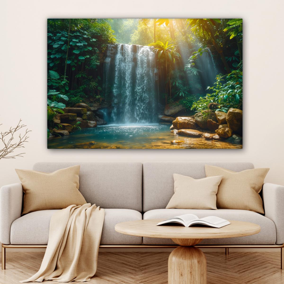 LEINWANDBILD Wasserfall - Dschungel - Sonne - Grün - Natur Groß 140x90 cm - Grün, Textil (140/90cm) - MuchoWow