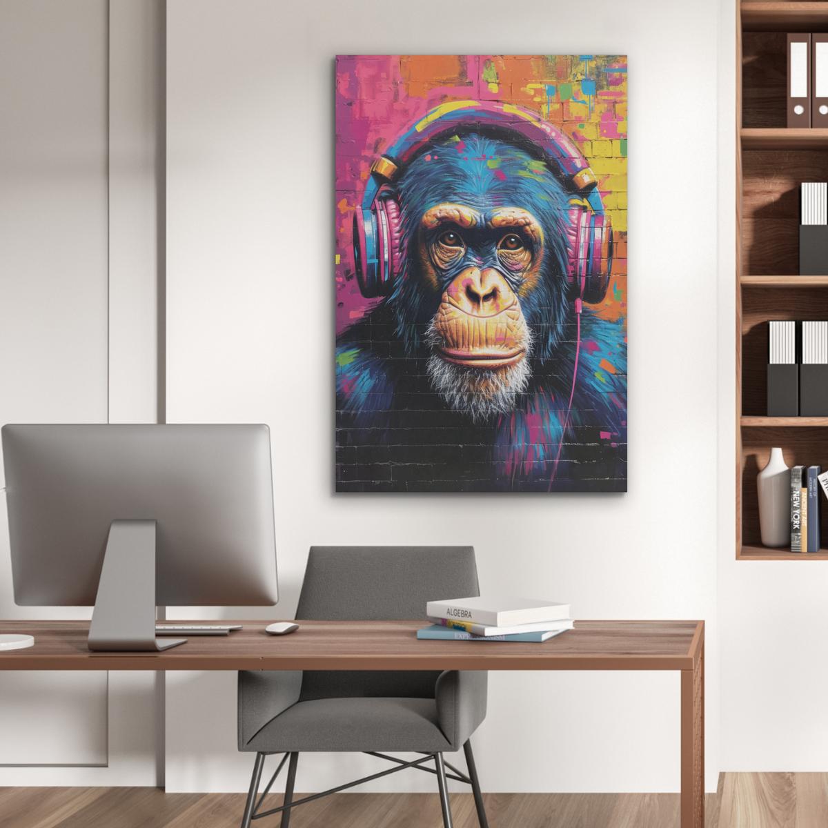AKUSTIKBILD Graffiti - Schimpanse - Straßenkunst - Kopfhörer - Affe Wanddeko 70x100 cm - Blau, Kunststoff (70/100/0.9cm) - MuchoWow