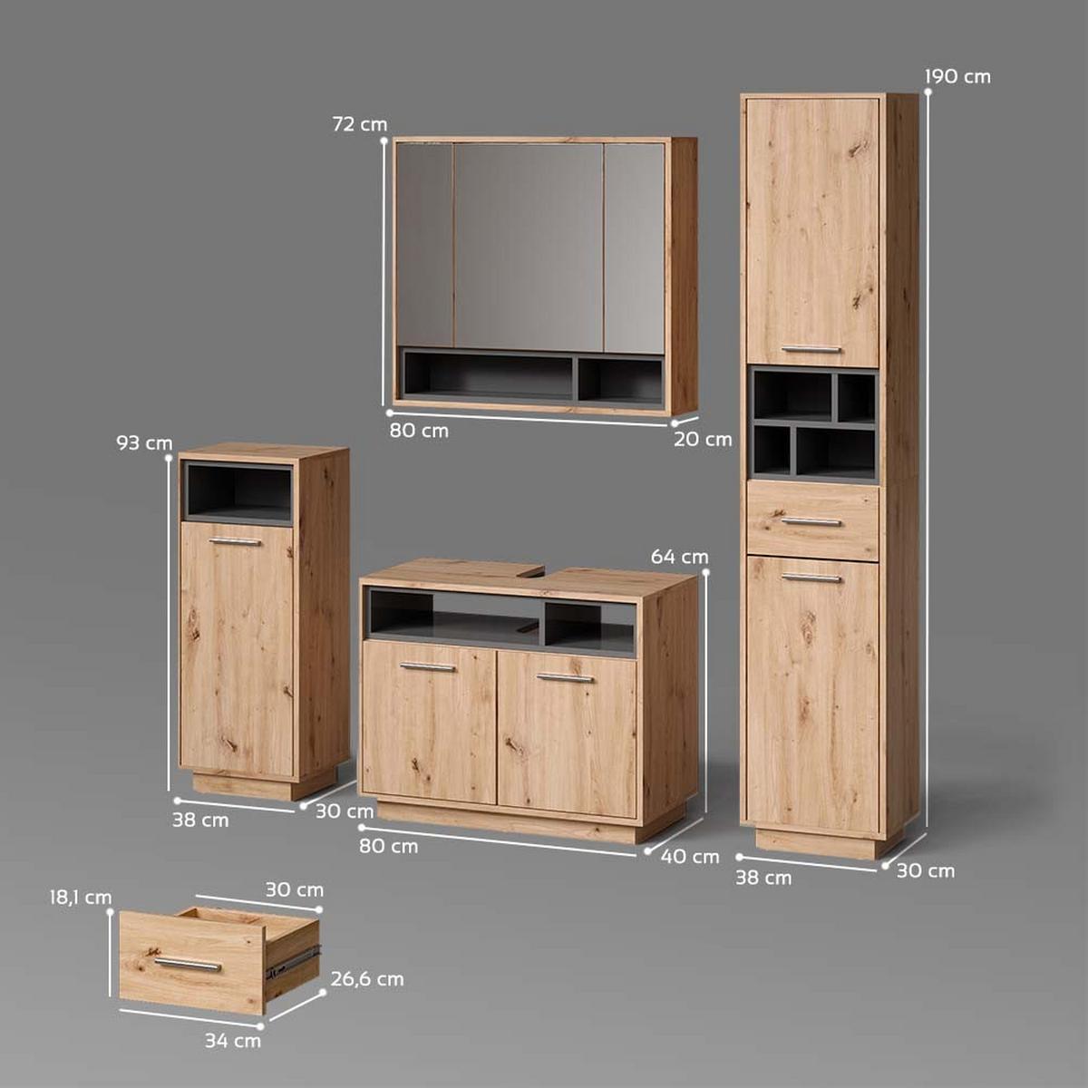 BADMÖBEL-SET Temo Artisan-Eiche 4 Teile - Eiche Artisan, Holzwerkstoff (80/64/40cm) - Livinity®