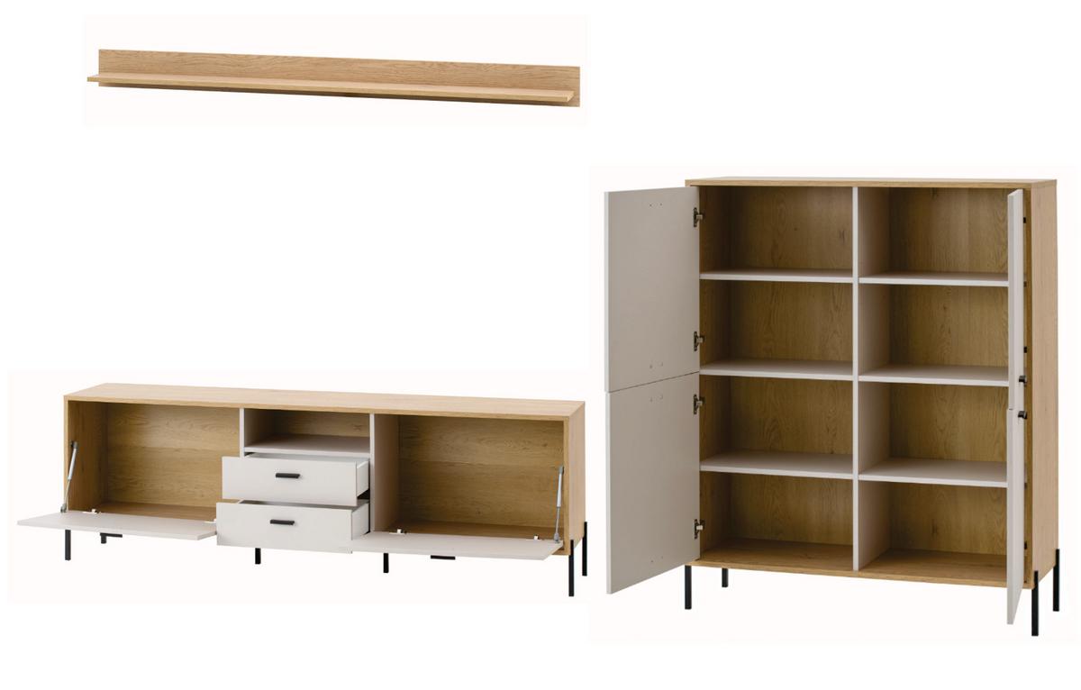 WOHNWAND Kaschmir, Eiche 320 cm Set 3-teilig, Wohnkombination mit Soft-Close - Kaschmir/Eichefarben, Holzwerkstoff/Metall (320/170/40cm) - Furn.Design