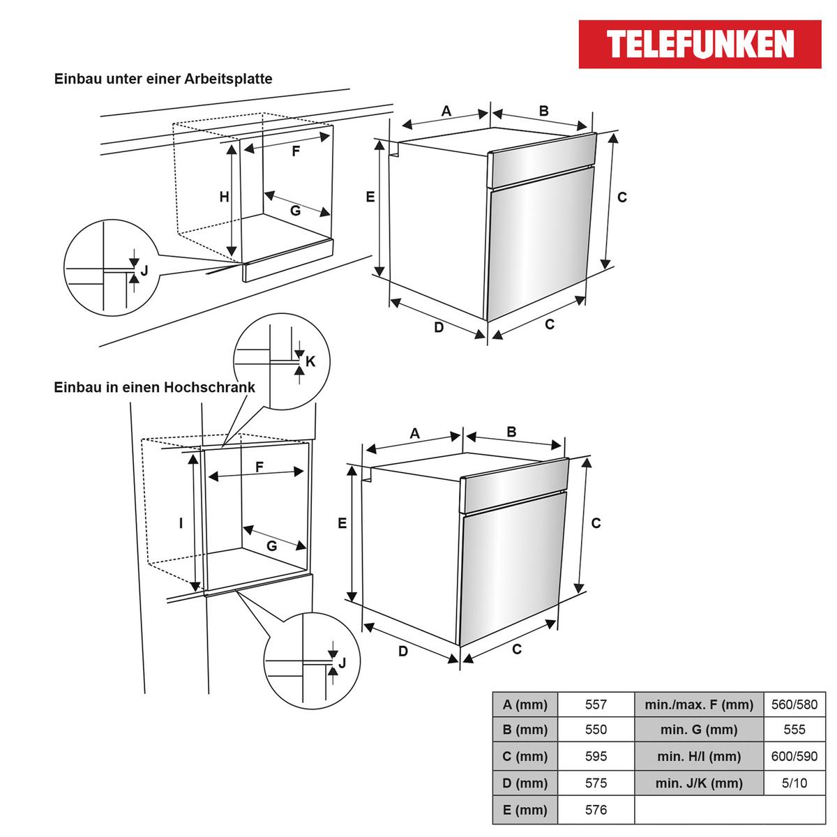 EINBAUBACKOFEN, autark, 73 Liter Volumen, 60 cm Backofen, 5 Betriebsarten, Edelstahl, Umluft/Ober-Unterhitze, einfache Reinigung, B-OV-75-A-I - Schwarz, Metall (59.5/59.5/57.5cm) - Telefunken