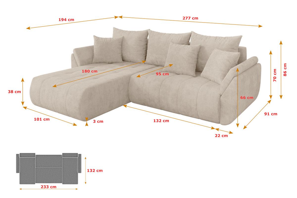 ECKSOFA mit Schlaffunktion Ottomane Links TOKO-L 277x194x86 Beige Cord - Beige/Schwarz, Holzwerkstoff/Kunststoff (277/194cm) - ALTDECOR