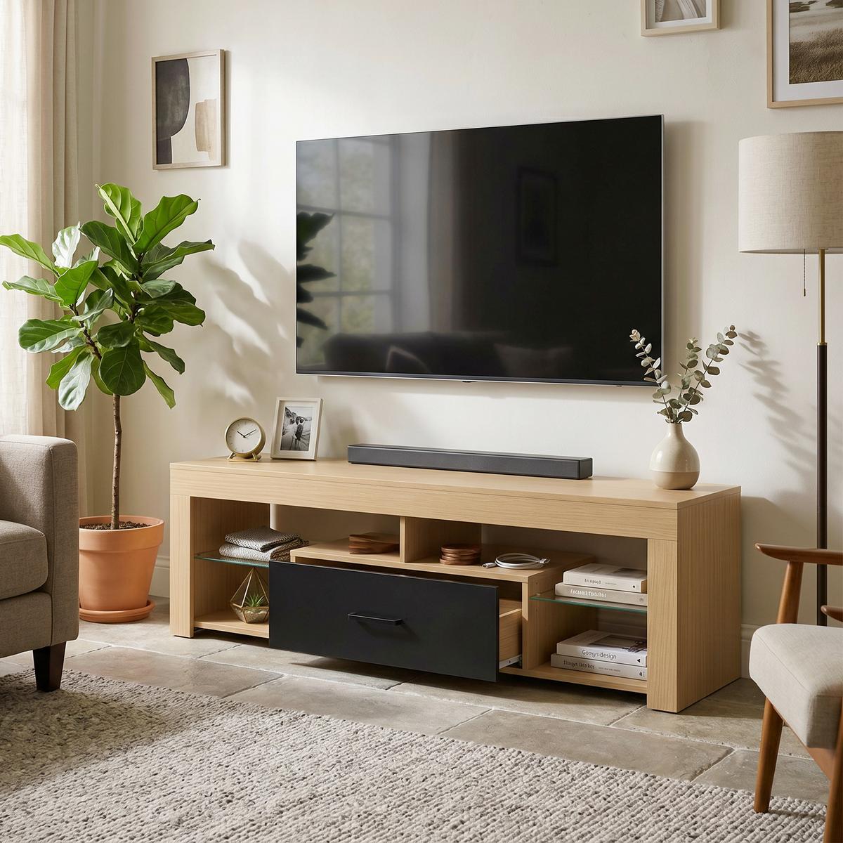 TV-LOWBOARD Spanplatte Glas Eiche - Eichefarben, Glas/Holzwerkstoff (40/45/140cm) - HOMCOM
