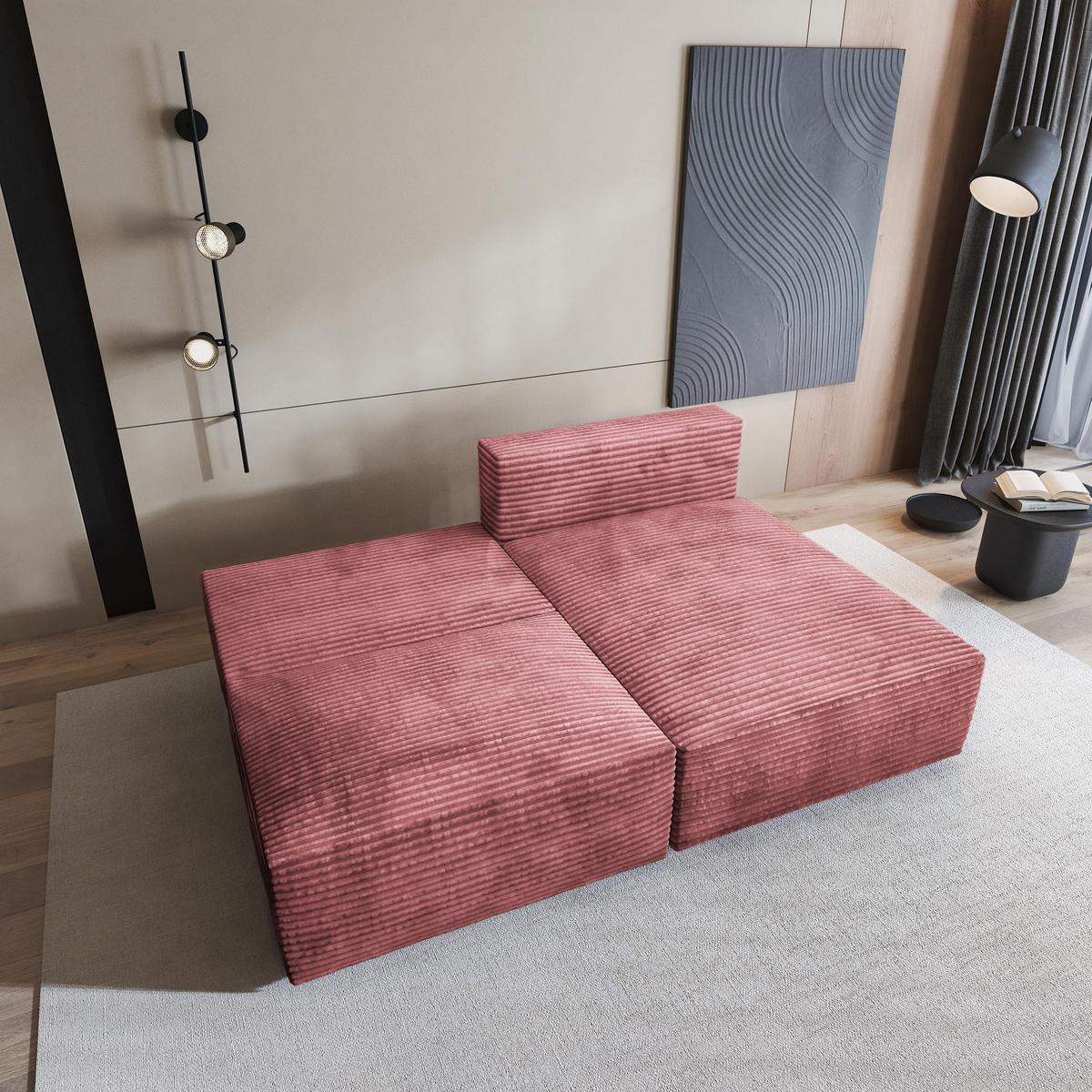 ECKSOFA FIORO Rosa Kordstoff mit Schlaffunktion - Rosa, Holz (204/148cm) - MASSENO