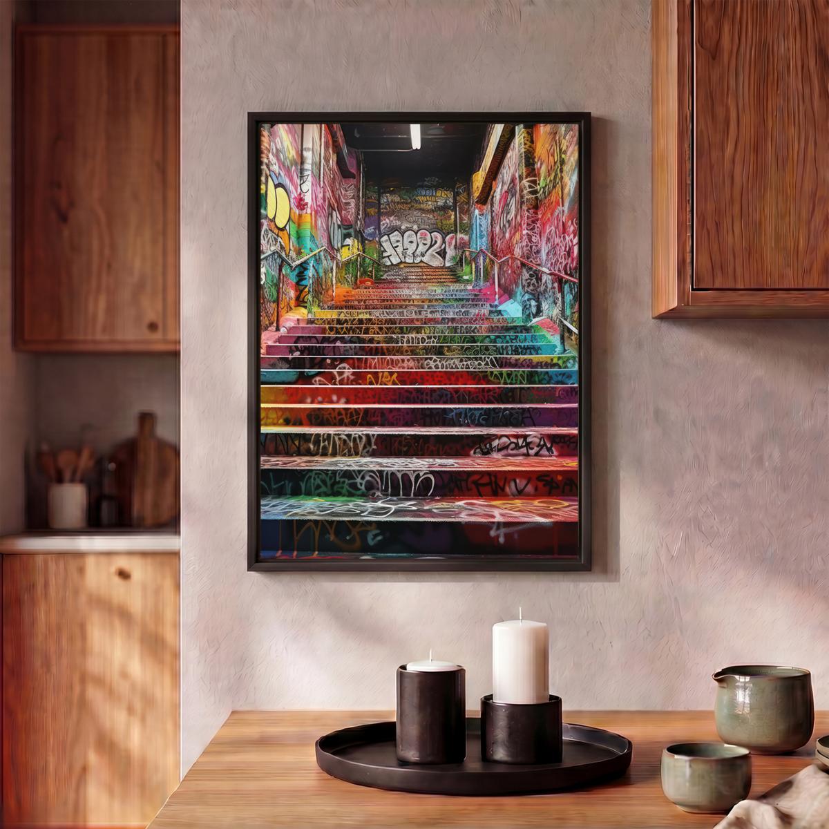 LEINWAND Bilder mit Rahmen - Treppe - Graffiti - Farben - Kunst - 30x40 - Multicolor, Textil (30/40cm) - MuchoWow