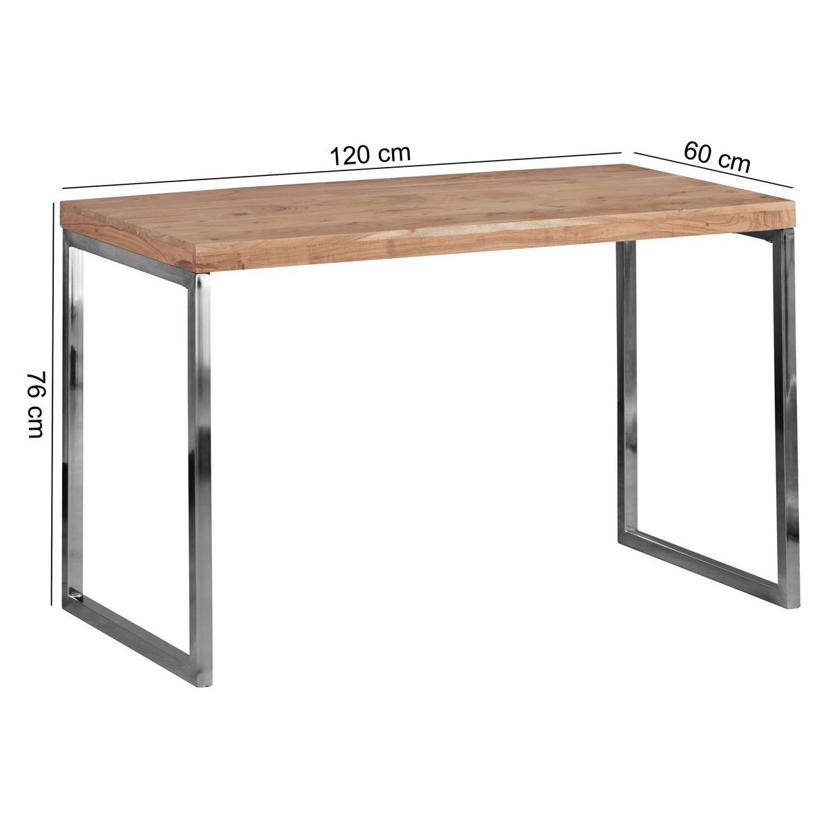 SCHREIBTISCH Massivholz Metallbeine Landhausstil GUNA, Akazie 60x120x76 cm - Silberfarben/Akaziefarben, Holz/Metall (120/60/76cm) - KADIMA DESIGN