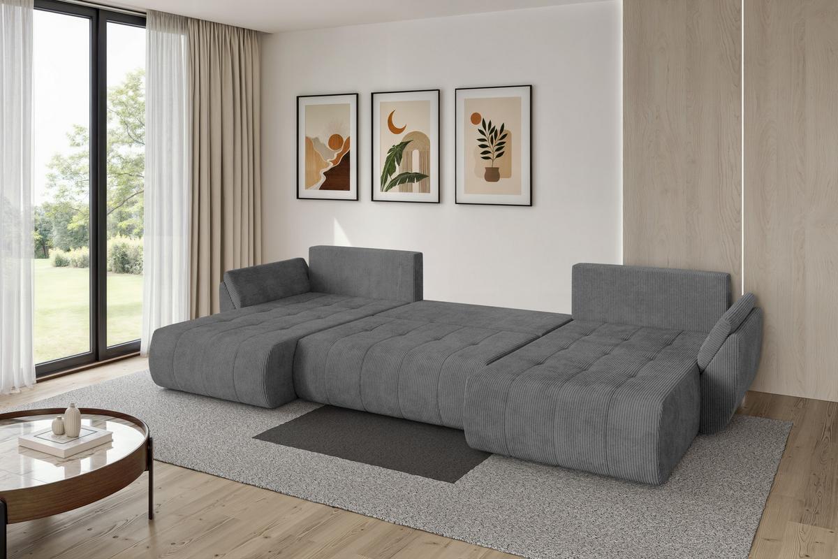 WOHNLANDSCHAFT mit Schlaffunktion und Bettkasten TOKO-U 378x194x86 Dunkelgrau Cord - Dunkelgrau/Schwarz, Holzwerkstoff/Kunststoff (378/86/194cm) - ALTDECOR