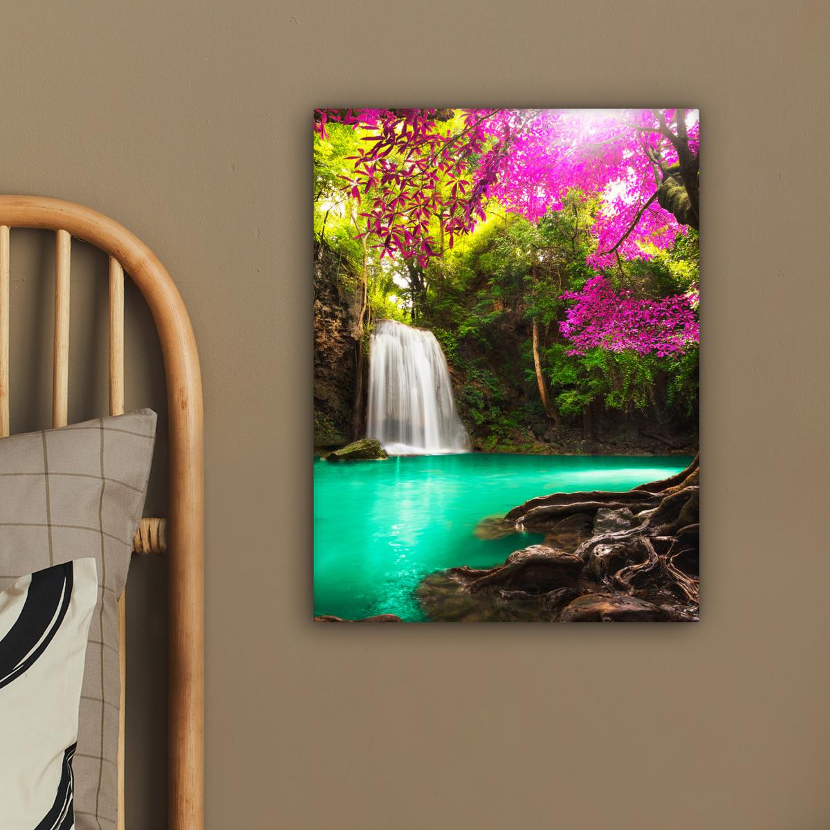 LEINWANDBILD Wasserfall mit bunten Blumen und Bäumen - Natur - Dschungel Room Decor 30x40 cm - Waldgrün, Textil (30/40cm) - MuchoWow