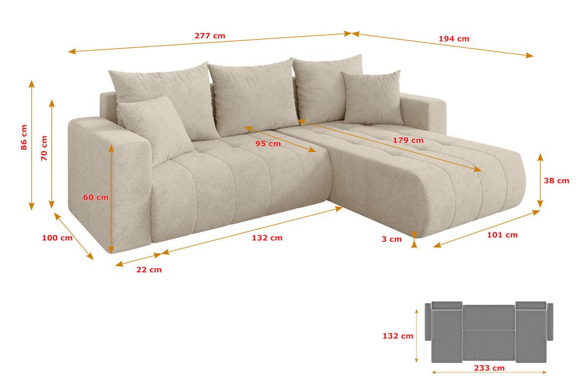 ECKSOFA mit Schlaffunktion Ottomane Rechts MILA-L 277x194x86 Creme Velours - Creme/Schwarz, Holzwerkstoff/Kunststoff (277/194cm) - ALTDECOR