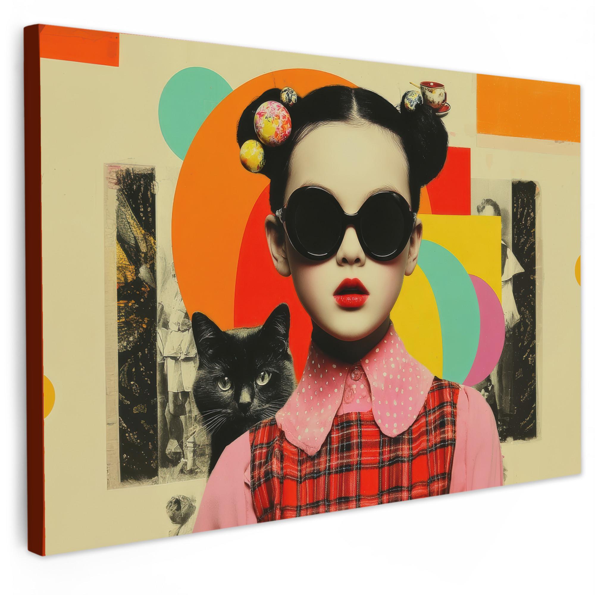 LEINWANDBILD Mädchen - Sonnenbrille - Katze - Retro Gemälde 60x40 cm - Beige, Textil (60/40cm) - MuchoWow