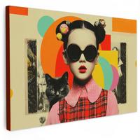 LEINWANDBILD Mädchen - Sonnenbrille - Katze - Retro Gemälde 60x40 cm - Beige, Textil (60/40cm) - MuchoWow