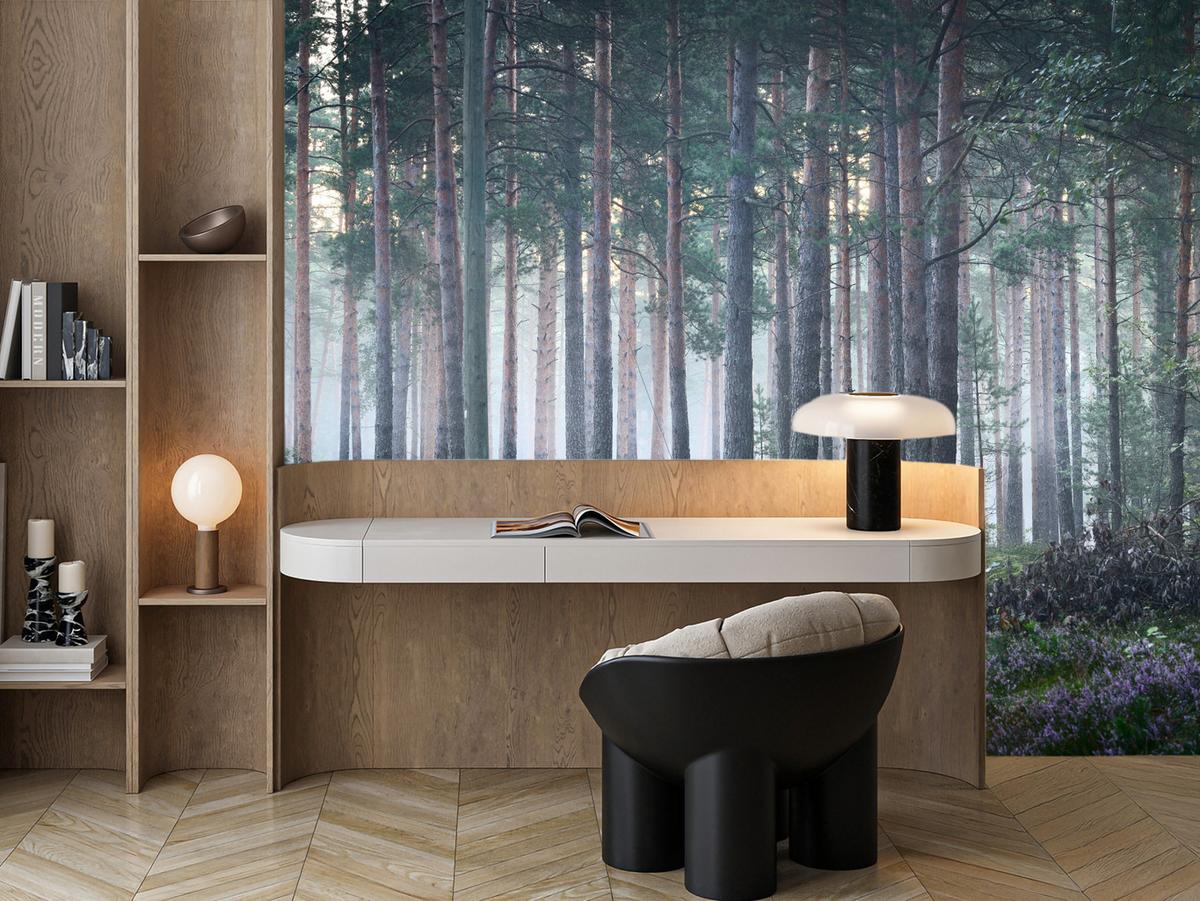 FOTOTAPETE für Wohnzimmer Nebelwald mit Bäumen Moos Grün 450x315 - Grau/Grün, Papier (450/315cm) - Muralo