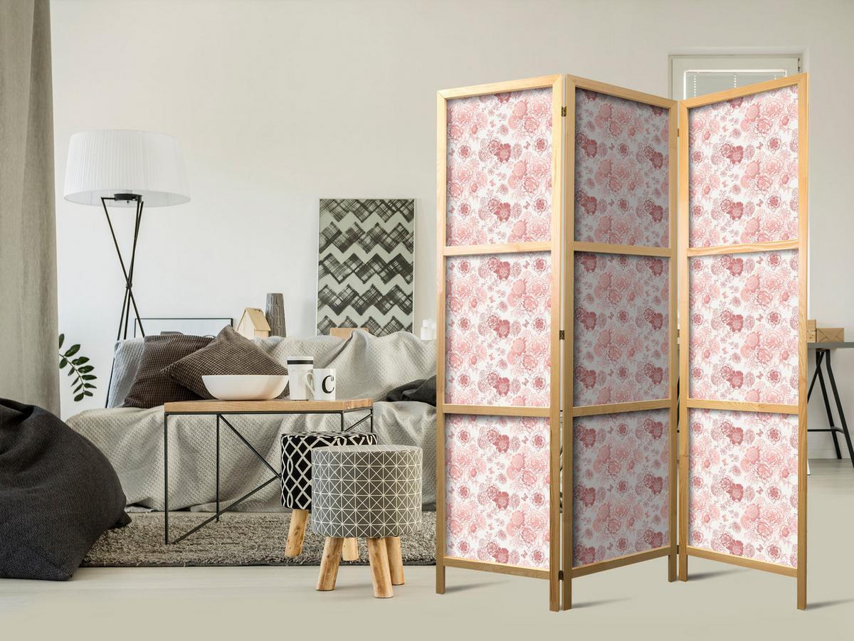 PARAVENT Japanischer 3-tlg 135x172 cm Rosa Blumen - Rosa, Holz/Textil (135/172/3cm) - Muralo