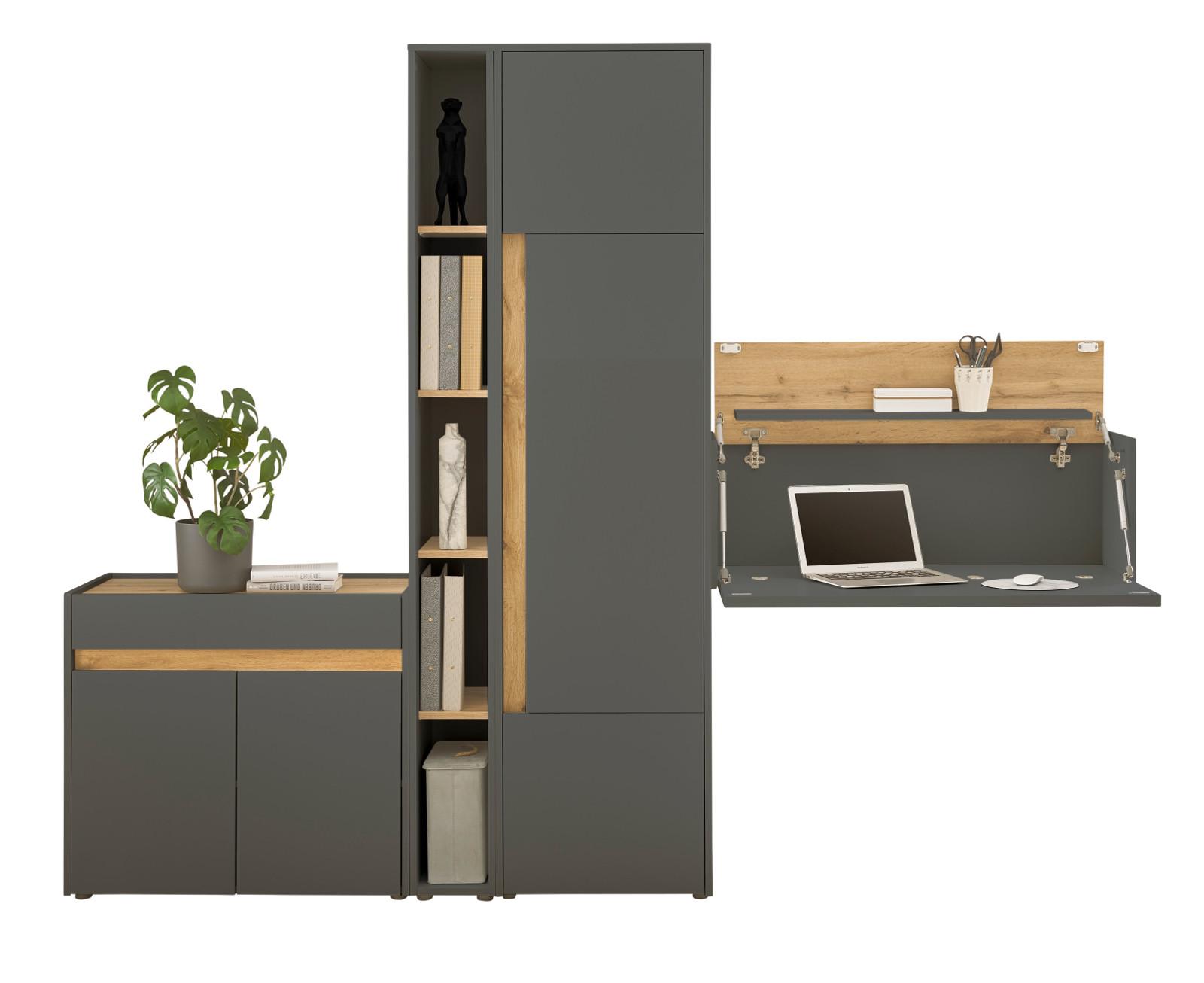 AKTENSCHRANK Set 4-teilig grau matt, Eiche Wotan 250 cm, Büromöbelkombination mit Sekretär und viel Stauraum - Eiche Wotan/Schwarz, Holzwerkstoff/Kunststoff (250/200/40cm) - Furn.Design