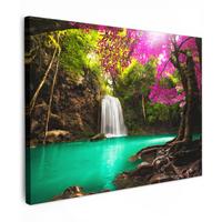 LEINWANDBILD Wasserfall mit bunten Blumen und Bäumen - Natur - Dschungel Wandbild 40x30 cm - Waldgrün, Textil (40/30cm) - MuchoWow