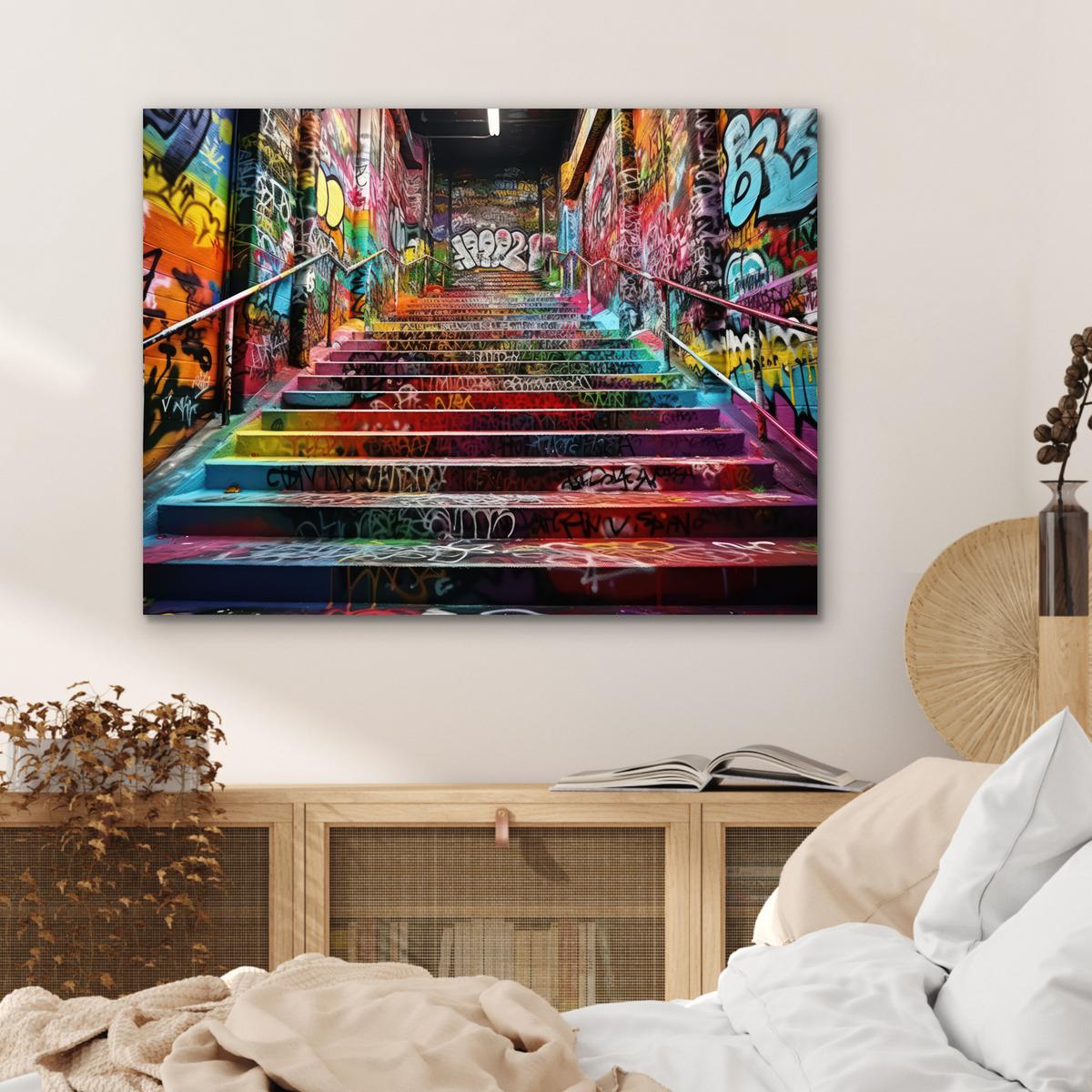 METALLBILD Treppe - Graffiti - Farben - Kunst 80x60 cm - Multicolor, Metall (80/60cm) - MuchoWow