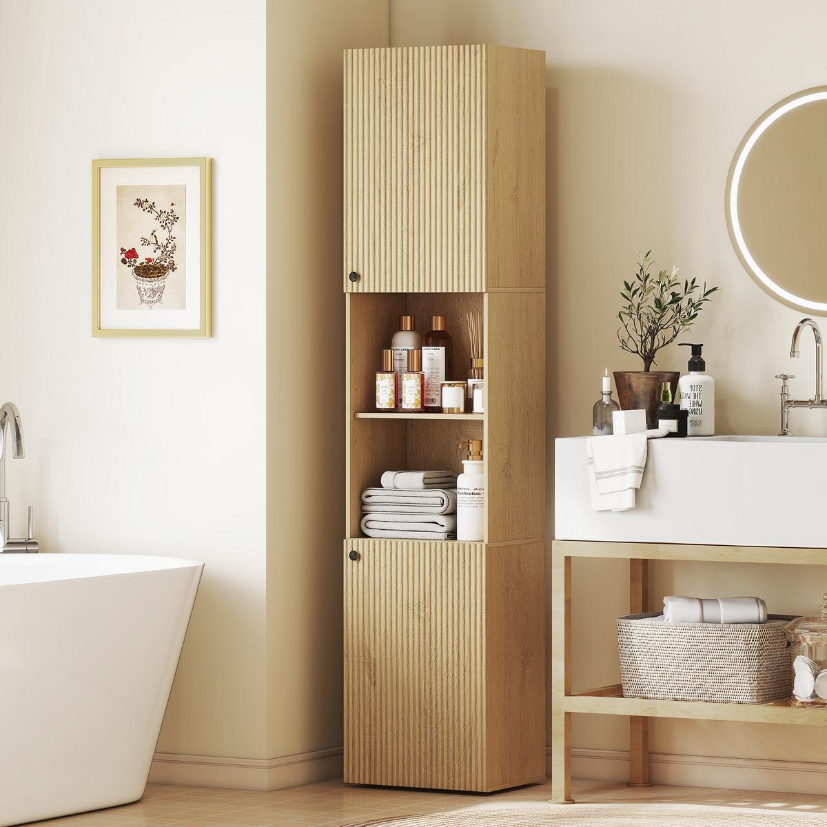 BADEZIMMERSCHRANK Spanplatte MDF Eiche - Eichefarben/Schwarz, Holzwerkstoff/Kunststoff (31/182/40cm) - HOMCOM