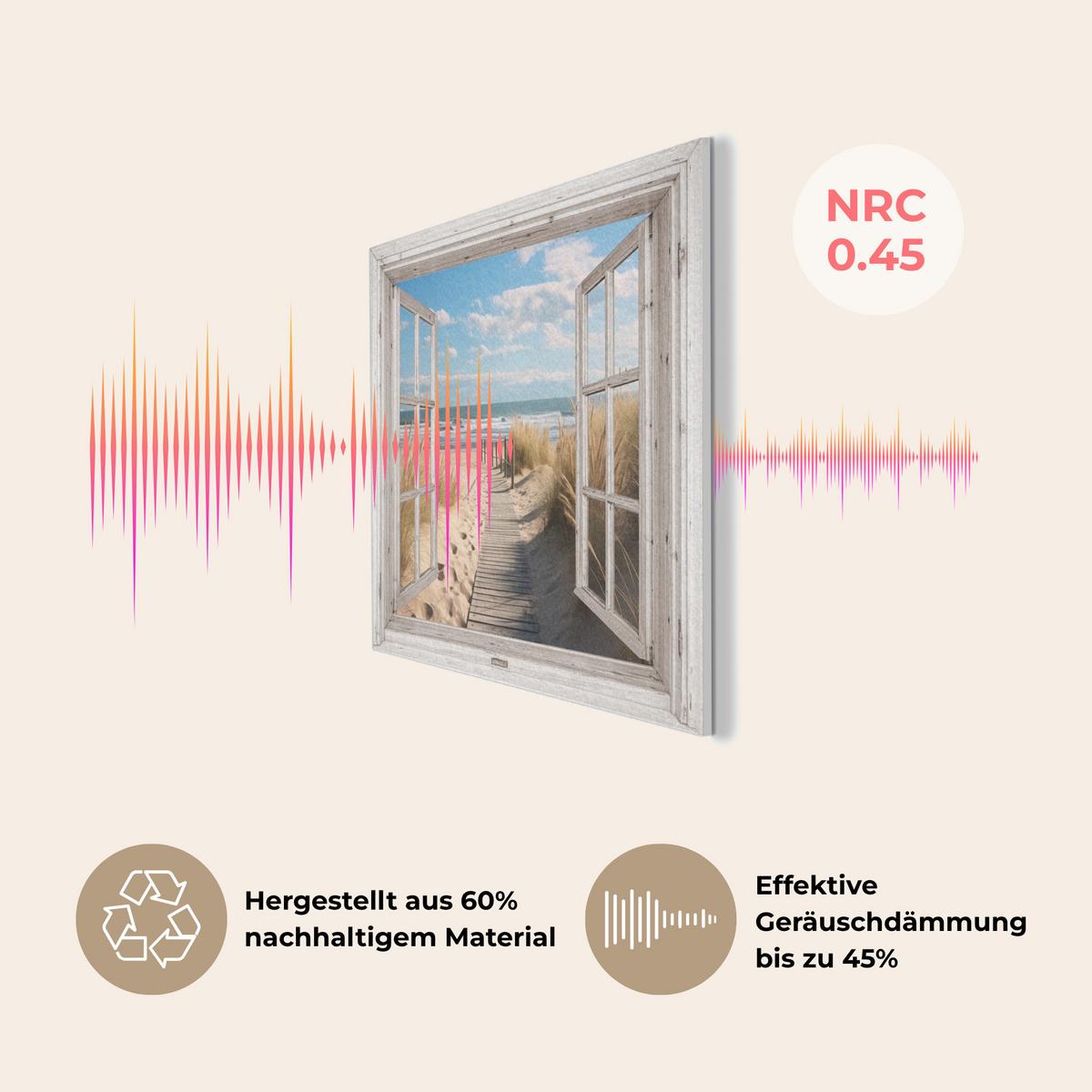 AKUSTIKBILD Fenster - Meer - Küste - Natur - Ausblick - Strand - Wattenmeer Akustikpaneele 90x60 cm - Beige, Kunststoff (90/60/0.9cm) - MuchoWow