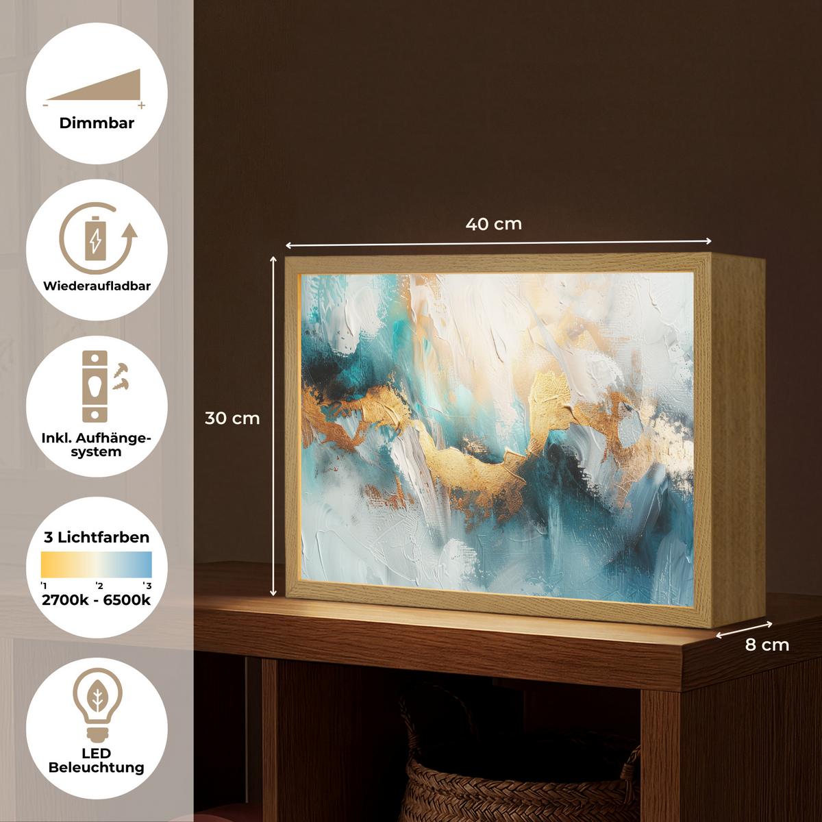WANDLEUCHTE MIT AKKU Abstrakt - Kunst - Gold - Blau 40x30 cm - Türkis, Holzwerkstoff (40/30/8cm) - OnlyWow