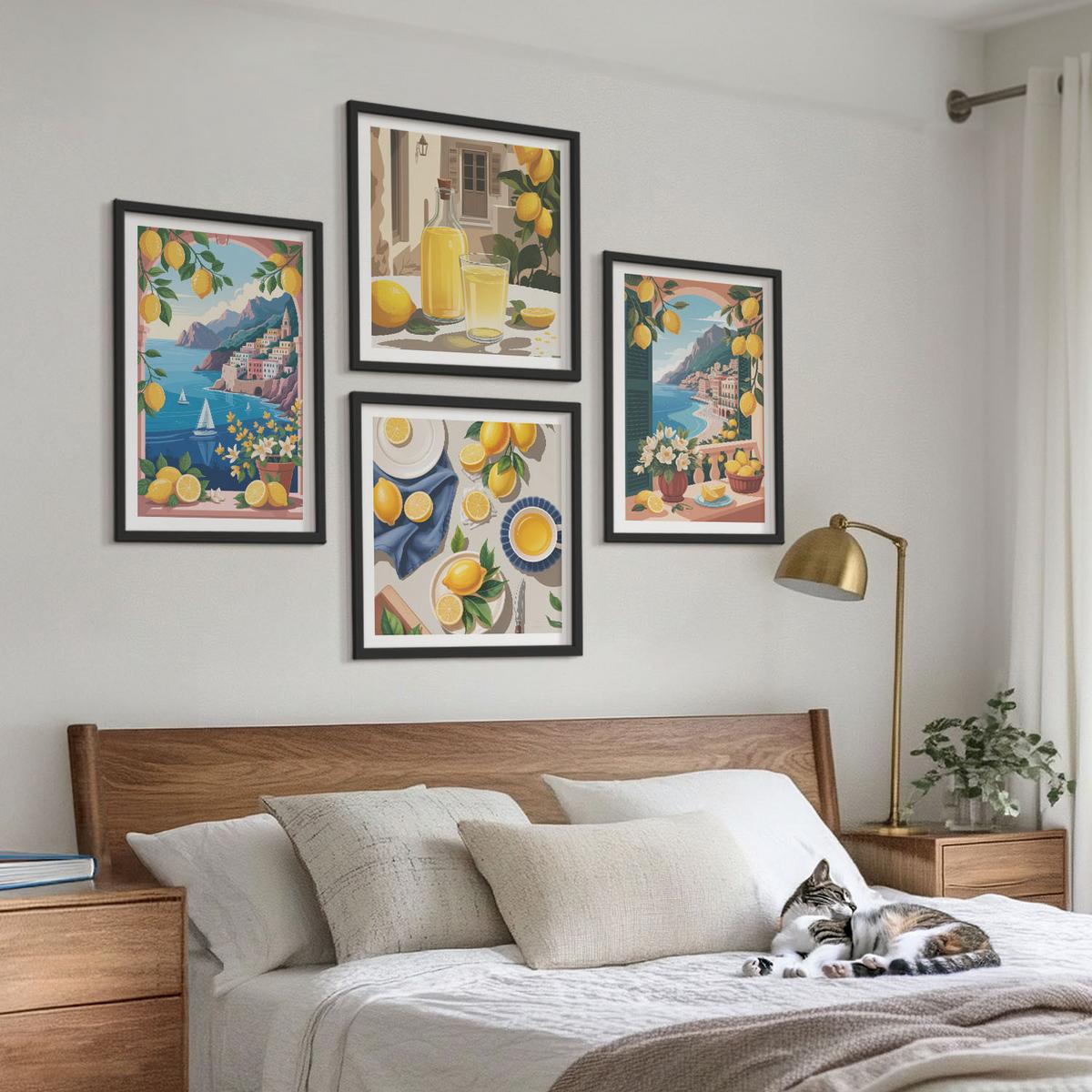 BILDER SET 4er Set - 50x50 cm & 40x60 cm Schwarzer Rahmen - Meerblick, italienische Zitronen - Schwarz, Kunststoff (50/50cm) - TULUP