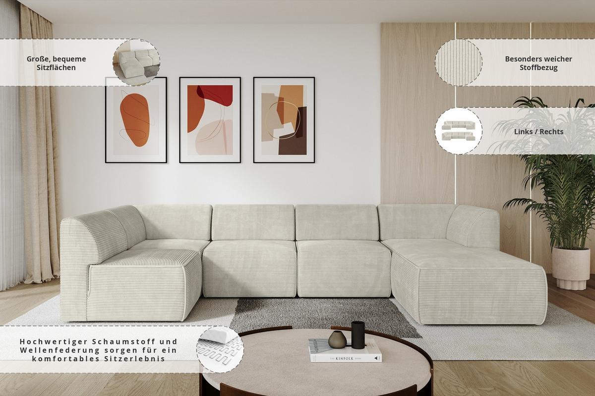 WOHNLANDSCHAFT Ottomane Rechts MOVO-L 345x180x78 cm Cream Cord - Creme, Holzwerkstoff/Kunststoff (180/78/345cm) - ALTDECOR
