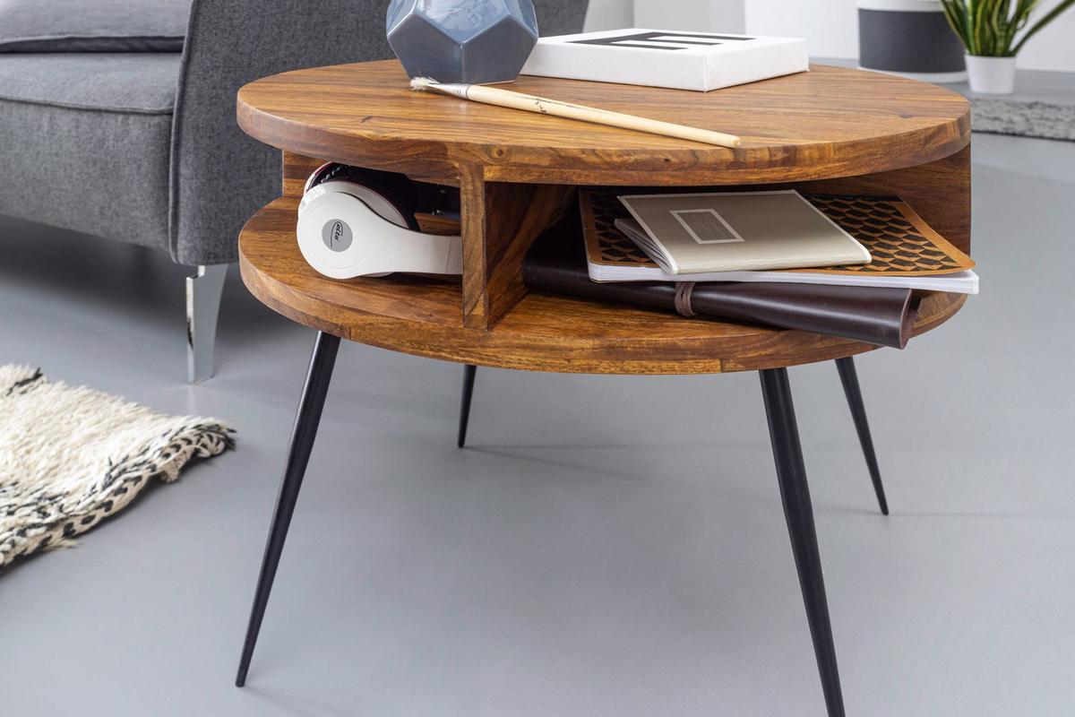 COUCHTISCH aus Sheesham Massivholz, Rund mit 4 Ablagefächern, Gestell aus Schwarzem Metall - Schwarz/Braun, Holz/Metall (60/60/45cm) - KADIMA DESIGN