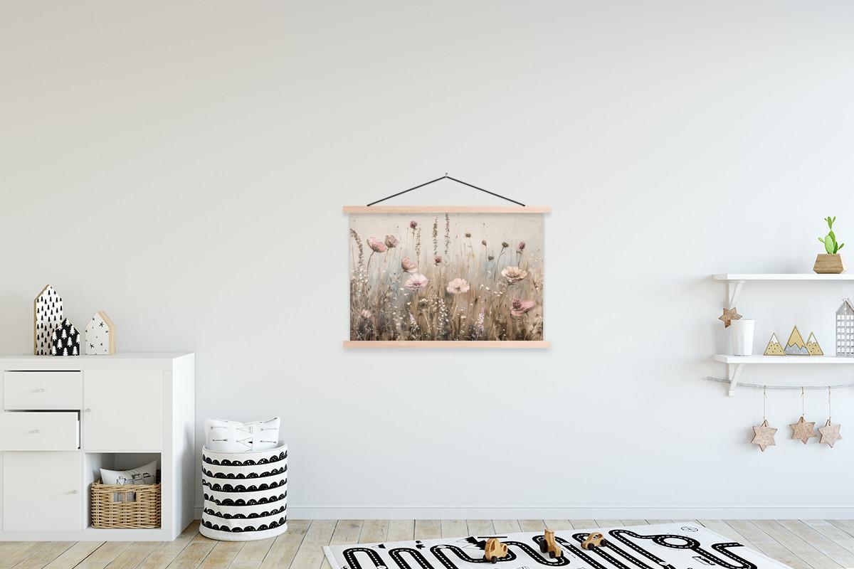 POSTER MIT MAGNETLEISTEN Blumen - Rosa - Modern - Beige Wanddeko 90x60 cm - Beige, Textil (90/60/0.15cm) - MuchoWow